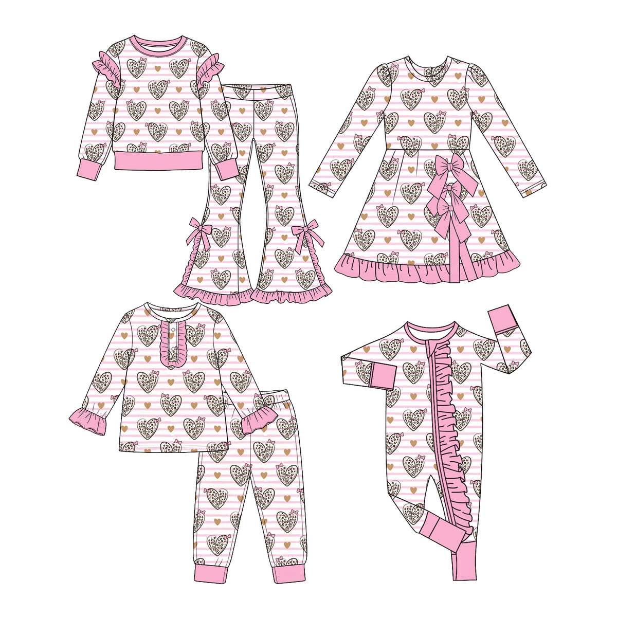 Preorder (moq 5) Baby Girl Clothes Striped Leopard Heart Bow Print Long Sleeve Ruffle Cuff Pant Set