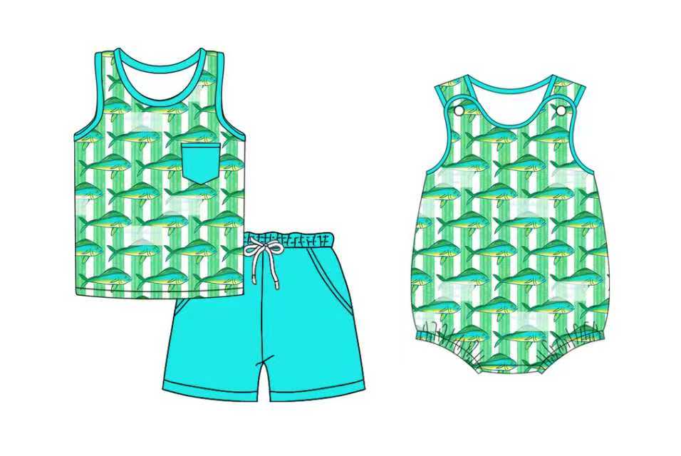 Preorder moq 5 (each item)Baby Boys Green Stripe Fishes Pocket Top Shorts Hunting Clothes Set Romper