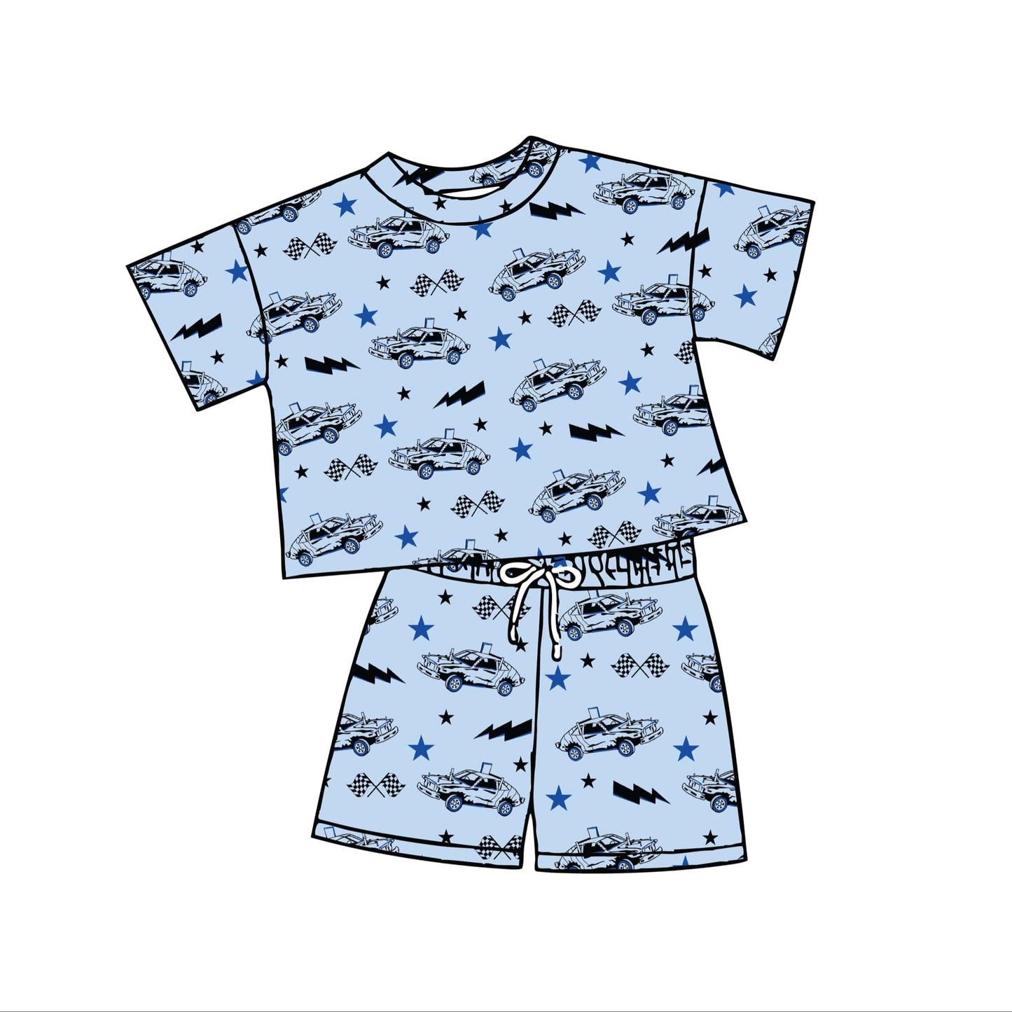 Preorder moq 5 Baby Boys Light Blue Cars Top Shorts Outfits Clothes Sets
