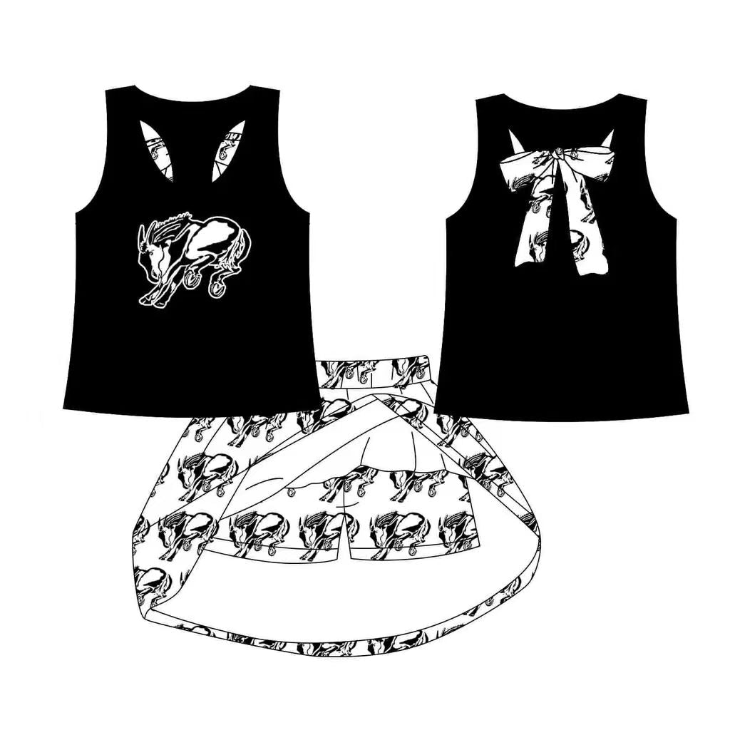 Preorder (moq 5)Baby Girls Black Horse vest team Top Skirt Skort Sets