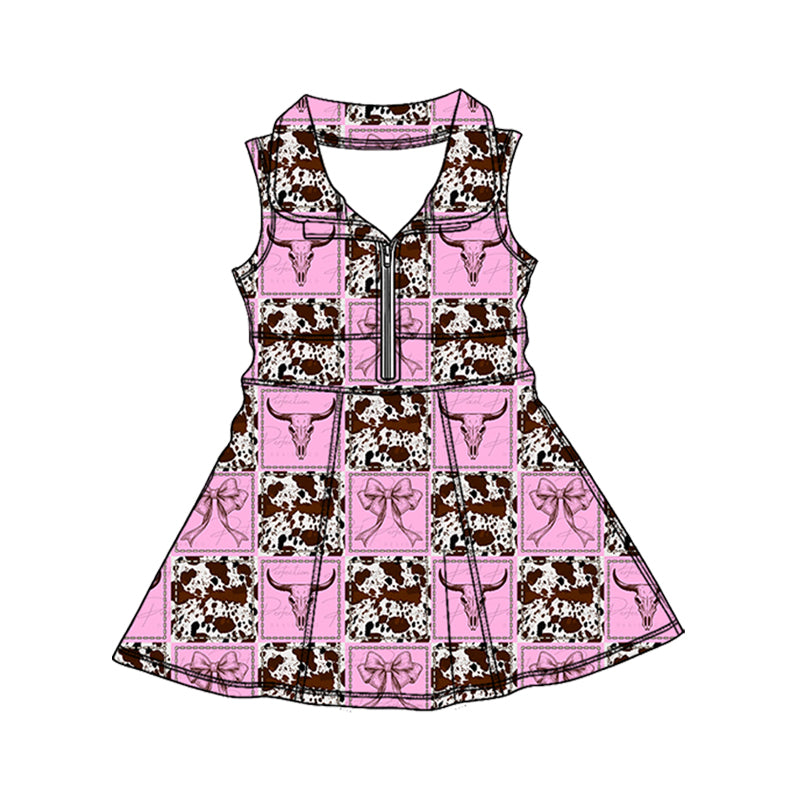 Preorder (moq 5)Baby Girls Pink Bows Bull Skulls Western Zipper Knee Length Dresses
