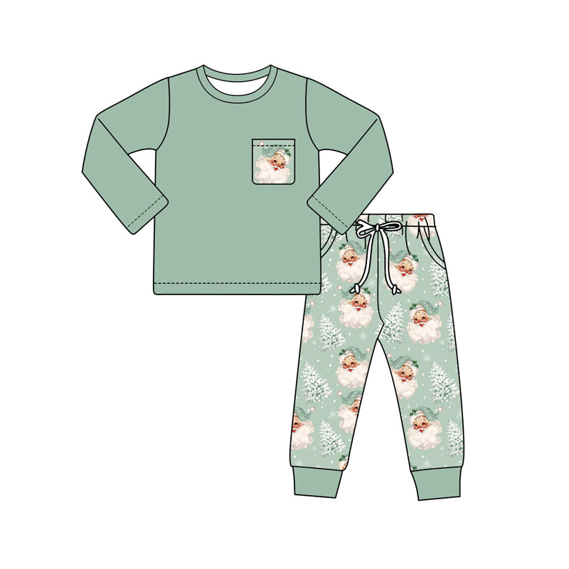 Preorder (moq 5)Baby Boys Aqua Long Sleeves Pocket Top Santa Trees Plaid Pant Set