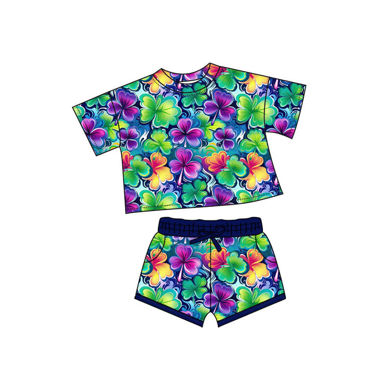 Preorder(moq 5) Baby Girls Colorful Clovers Top Pockets Shorts St Patrick Clothes Sets