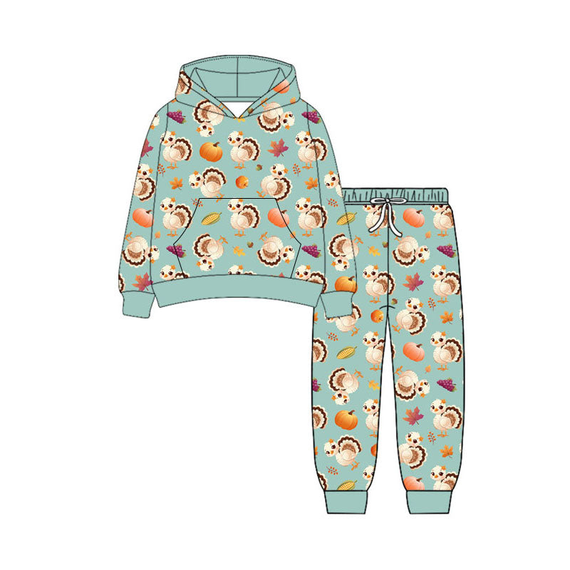 Preorder (moq 5)Baby Girls Turkey Pumpkins Pocket Hoodie Jogger Thanksgivings Clothes Set