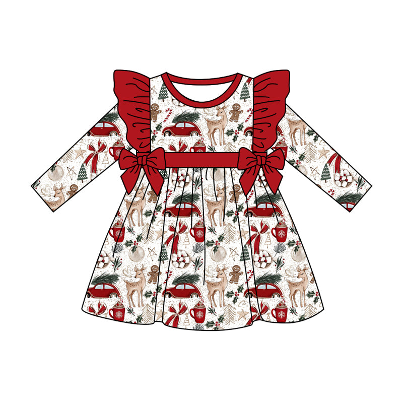 Preorder (moq 5)Baby Girls Long Ruffle Sleeves Red Bows Deer Gingerbread Knee Length Dress