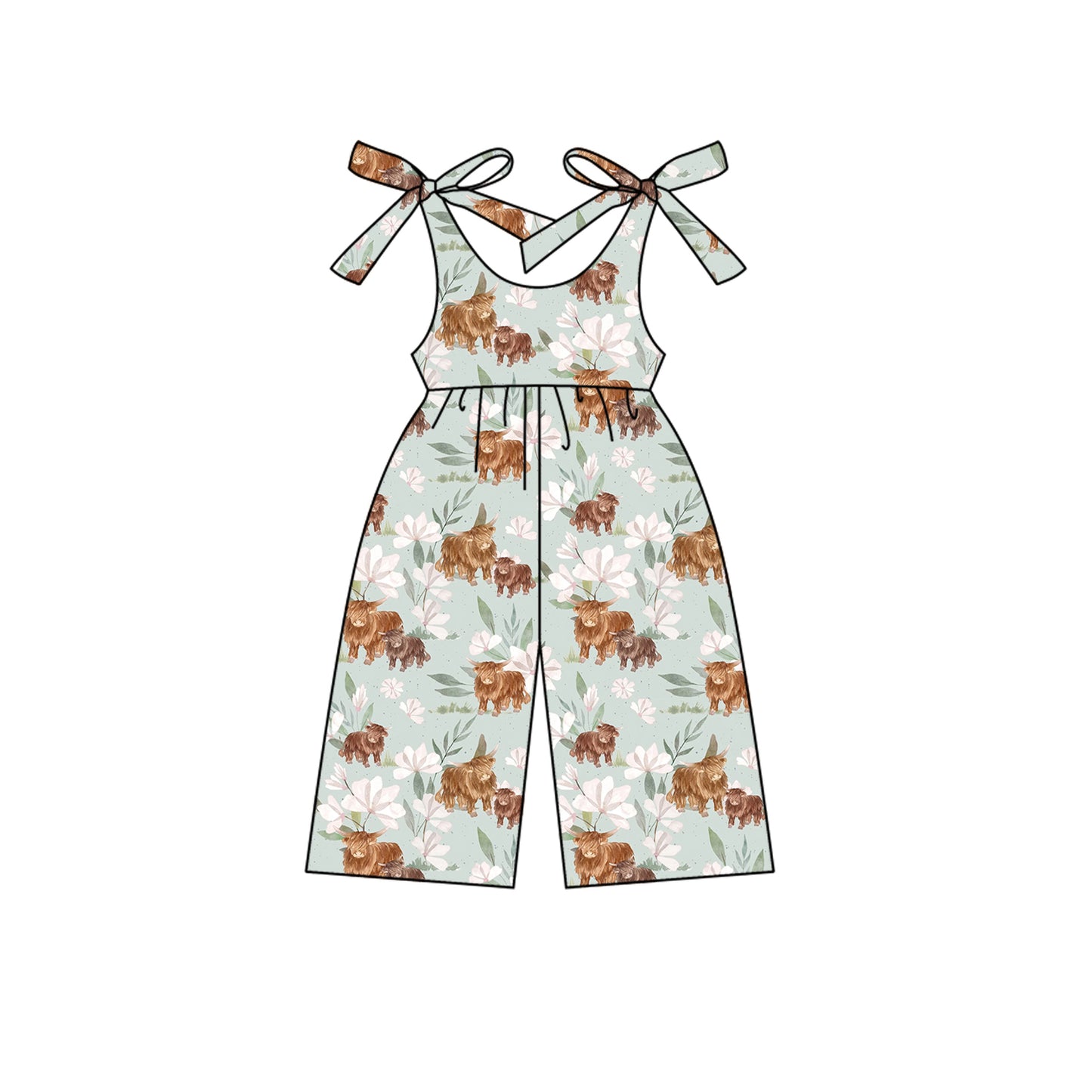 Preorder moq 5 Baby Girls Blue Sleeveless Highland Cows Flowers Jumpsuits