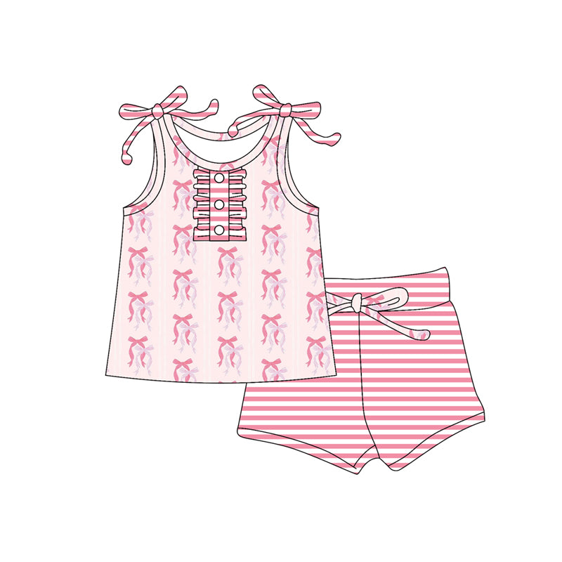 Preorder (moq 5)Baby Girls Peach Strap Button Bows Tunic Stripe Short Set