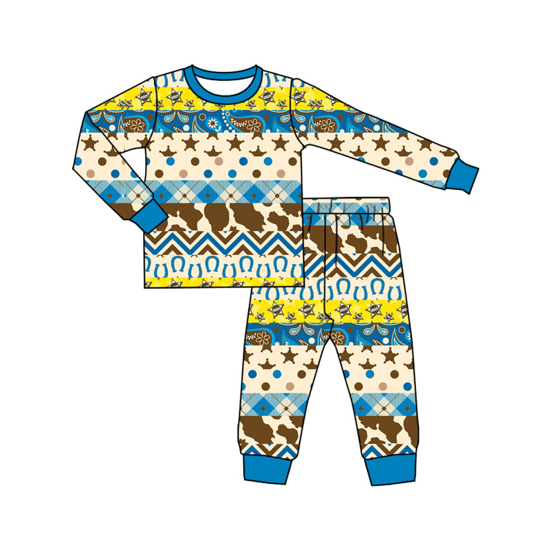 Preorder (moq 5)Baby Boys Blue Short Sleeves Stars Camo Aztec Top Pant Pajamas Set