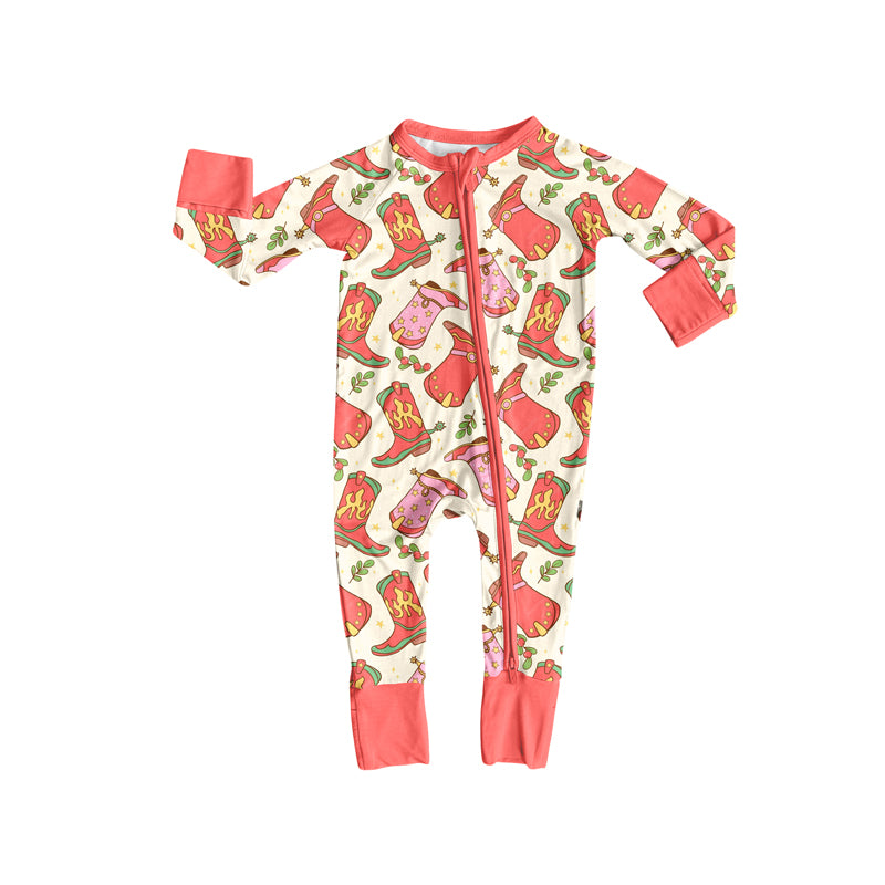 Preorder (moq 5)Baby Girls Long Sleeves Peach Boots Holly Plaid Zipper Romper