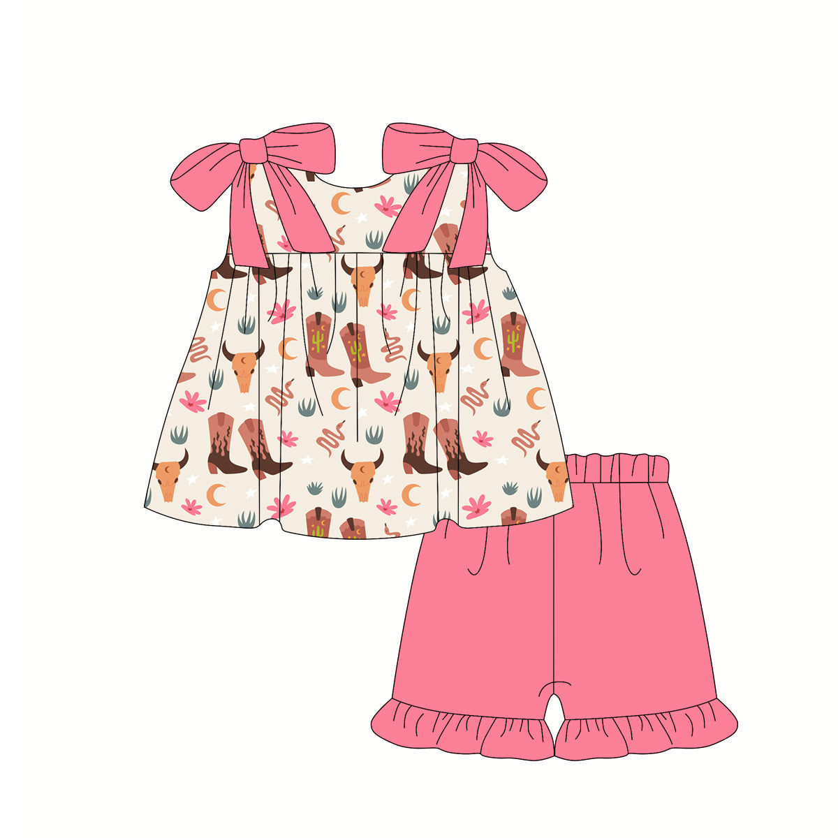 Preorder (moq 5)Baby Girls Western Boots Cow Tunic Ruffle Shorts Clothes Sets