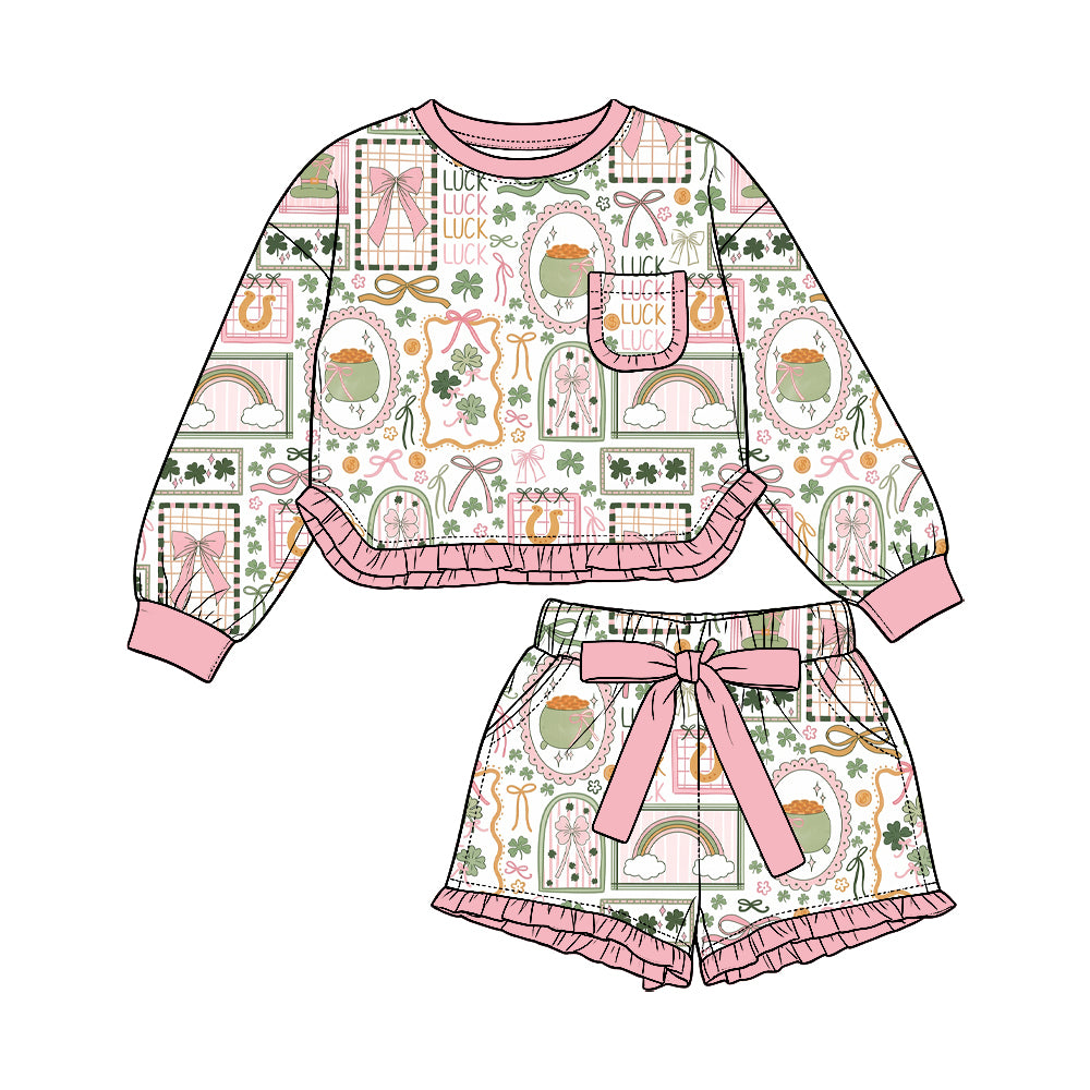 Preorder (moq5) Baby Girls Clovers Rainbows Pocket Top Ruffle Bow Short St Patrick Set