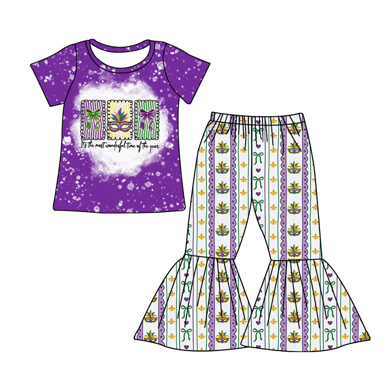 Pre-order(moq5) Girls’ Mardi Gras Carnival Outfit, Tie-Dye Short-Sleeve Top & Flare Pants, Festive Holiday 2-Piece Set