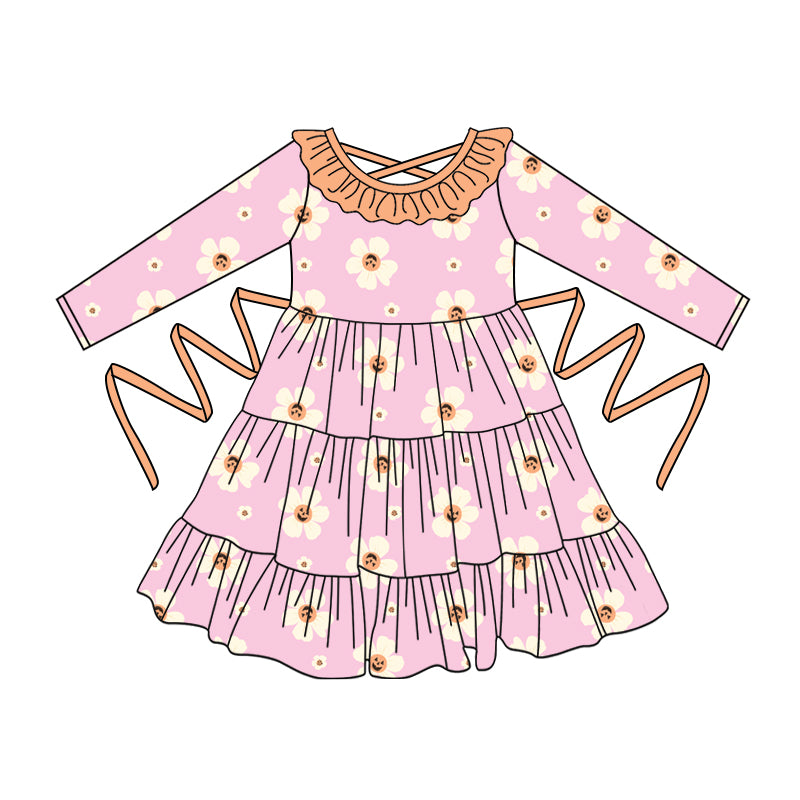 Preorder moq 5 Baby Girls Pink Long Sleeves Smiles Flowers With Belt Ruffle Knee Length Dresses