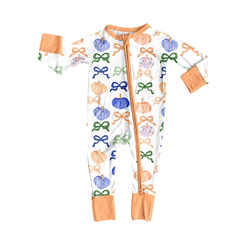 Preorder(moq 5)Baby Infant Boys Long Sleeves Colorful Bows Pumpkins Fall Zipper Rompers