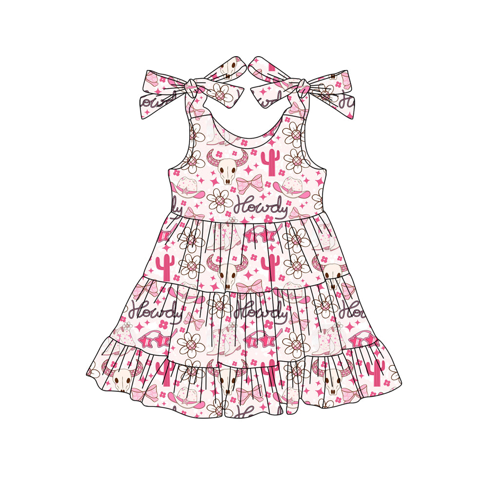 Preorder (moq 5)Baby Girls Bows Strap Bull Skull Flowers Howdy Ruffle Knee Length Dresses