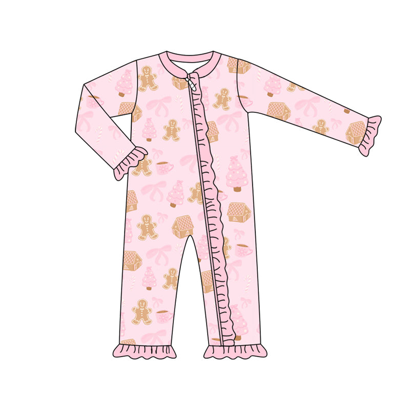 Preorder (moq 5)Baby Girls Long Sleeves Pink Bows Gingerbread Trees Ruffle Zipper Romper