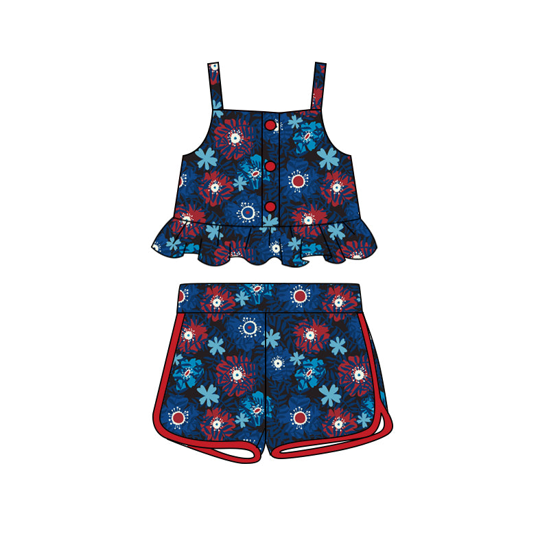 Preorder (moq 5)Baby Girls 4th Of July Flowers Straps Top Shorts Clothes Sets