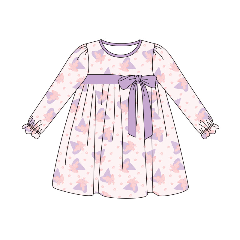 Preorder (moq 5)Baby Girls Long Ruffle Sleeves Lavender Magic Hats Stars Knee Length Dresses