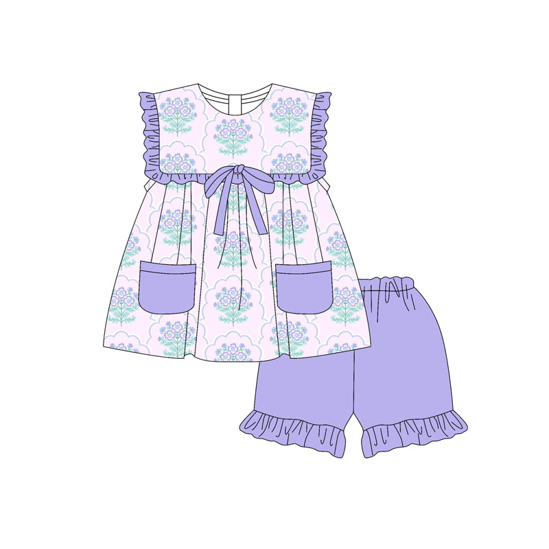 Preorder moq 5 Baby Girls Sleeveless Purple Floral Pockets Tunic Ruffle Short Set