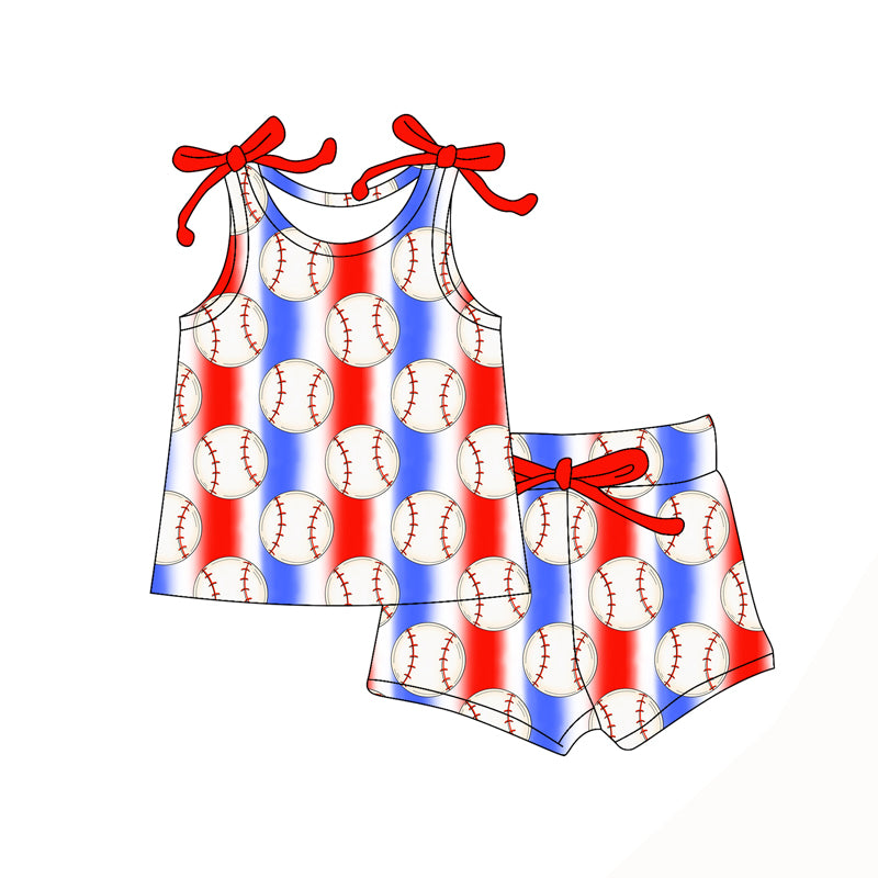 Preorder moq 5 Baby Girls Bows Sleeveless Baseballs Blue Red Stripe Top Short Set