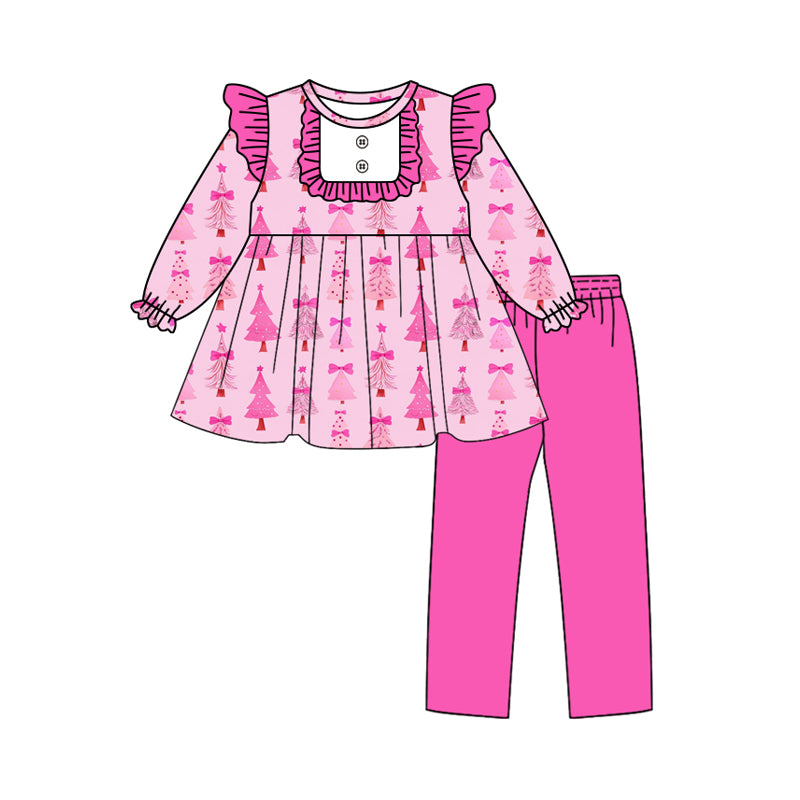 Preorder(moq 5) Baby Girls Christmas Pink Trees Tunic Top Legging Outfits Clothes Sets