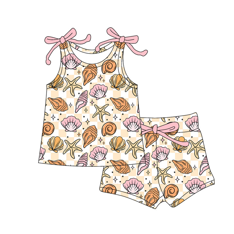 Preorder moq 5 Baby Girls Bows Sleeveless Sea World Shell Top Short Set