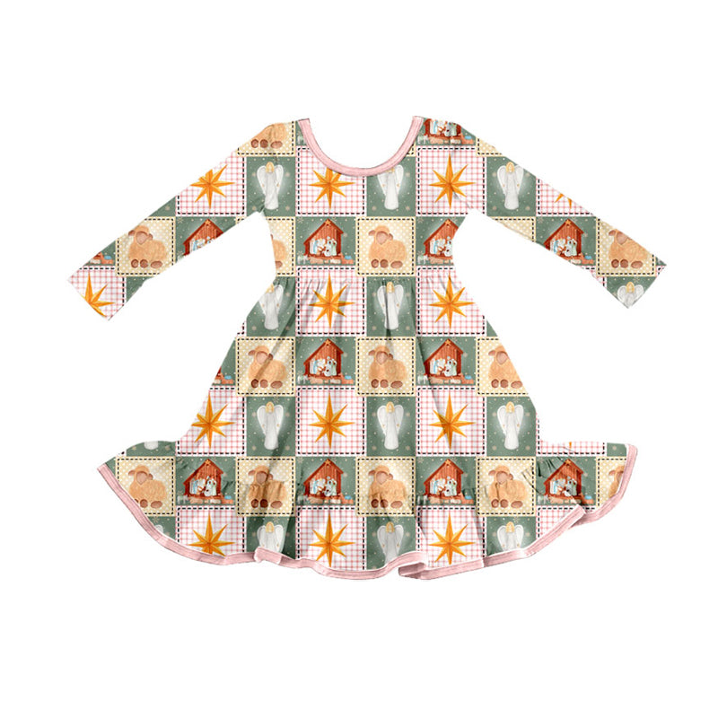 Preorder (moq 5)Baby Girls Pink Plaid Nativity Christmas Ruffle Knee Length Dresses