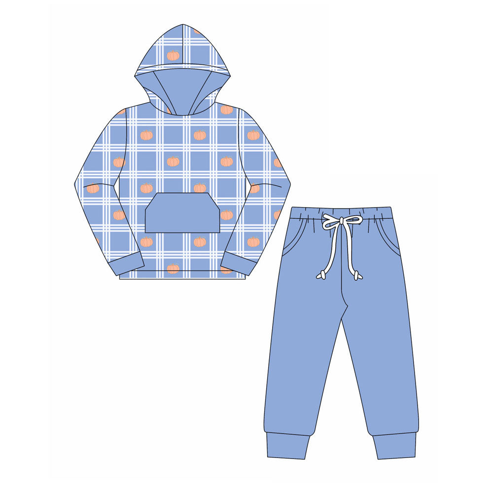 Preorder (moq 5)Baby Boys Pumpkins Checked Hoodie Pockets Jogger Fall Clothes Sets