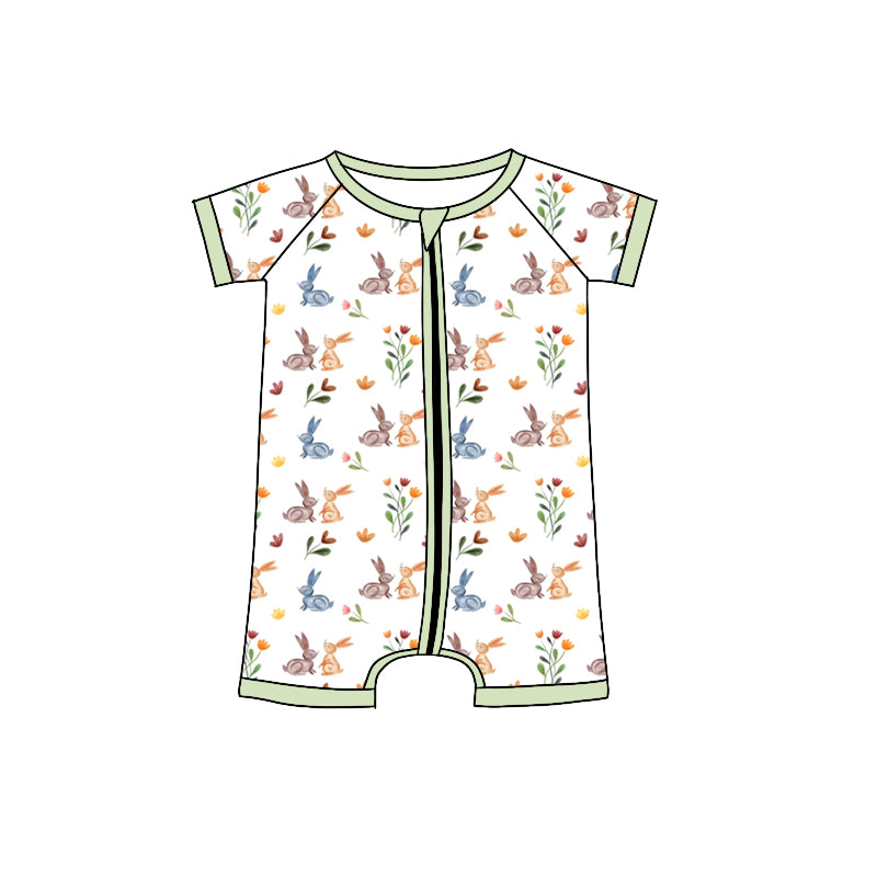 Preorder (moq 5)Baby Girls Colorful Flowers Rabbits Easter Zipper Shorts Rompers
