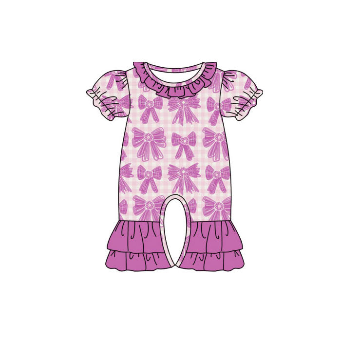 Preorder (moq 8)Baby Girls Purple Checked Bows Ruffle Footie Rompers