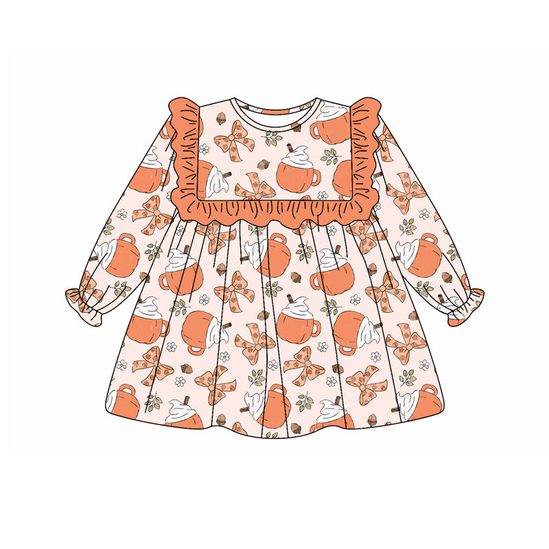 Preorder (moq 5)Baby Girls Long Ruffle Sleeves Orange Bows Cake Cups Knee Length Dresses