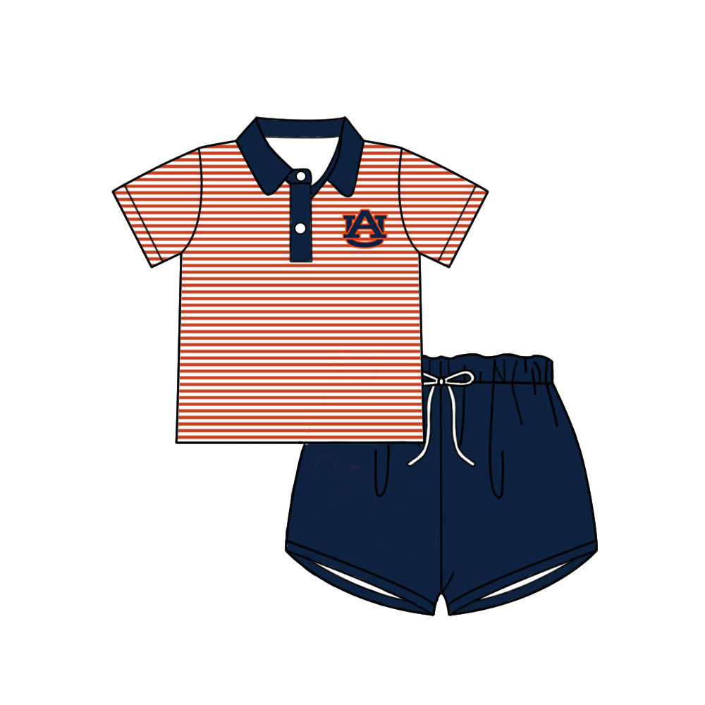 Preorder (moq 5)Baby Boys Short Sleeves Red Stripe AU Button Top Navy Shorts Team Set