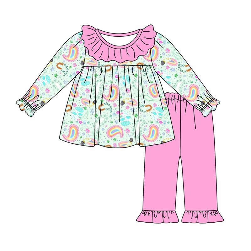 Preorder (moq 5) Baby Girls Colorful Flowers Tunic Ruffle Pant St Patrick Clothes Set