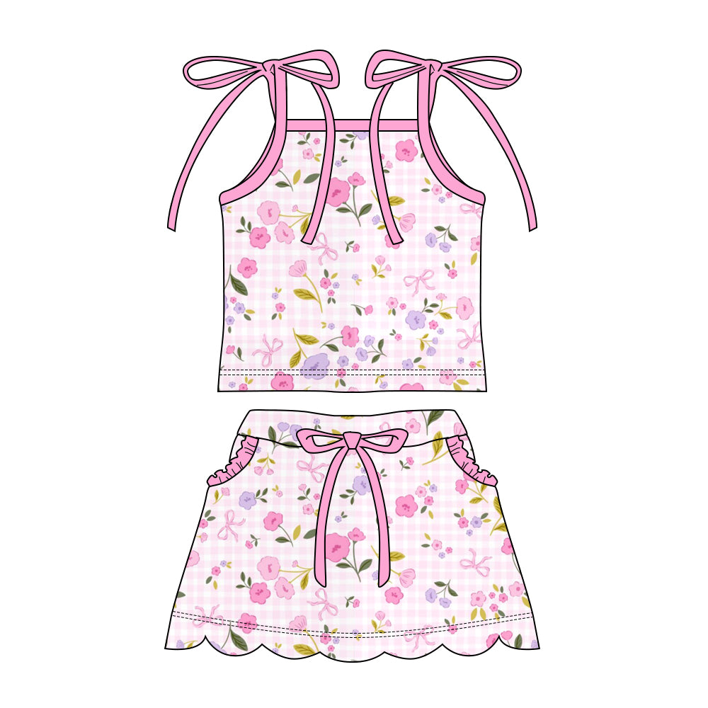 Preorder moq 5 Baby Girls Strap Pink Bows Flowers Top Pockets Scallop Skirt Short Clothes Sets