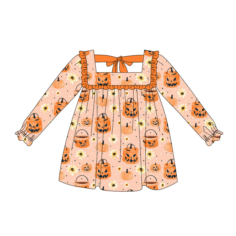 Preorder (moq 5)Baby Girls Long Ruffle Sleeves Orange Pumpkins Flowers Knee Length Dresses