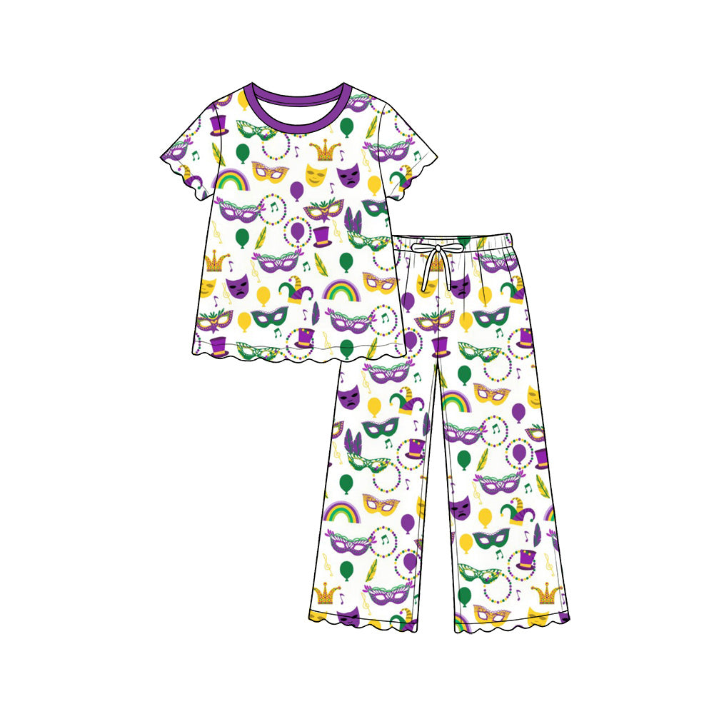 Pre-order(moq5) Baby Girl Clothes Mardi Gras Party Mask Balloon Print Short Sleeve Scalloped Top Wide Leg Pant Set
