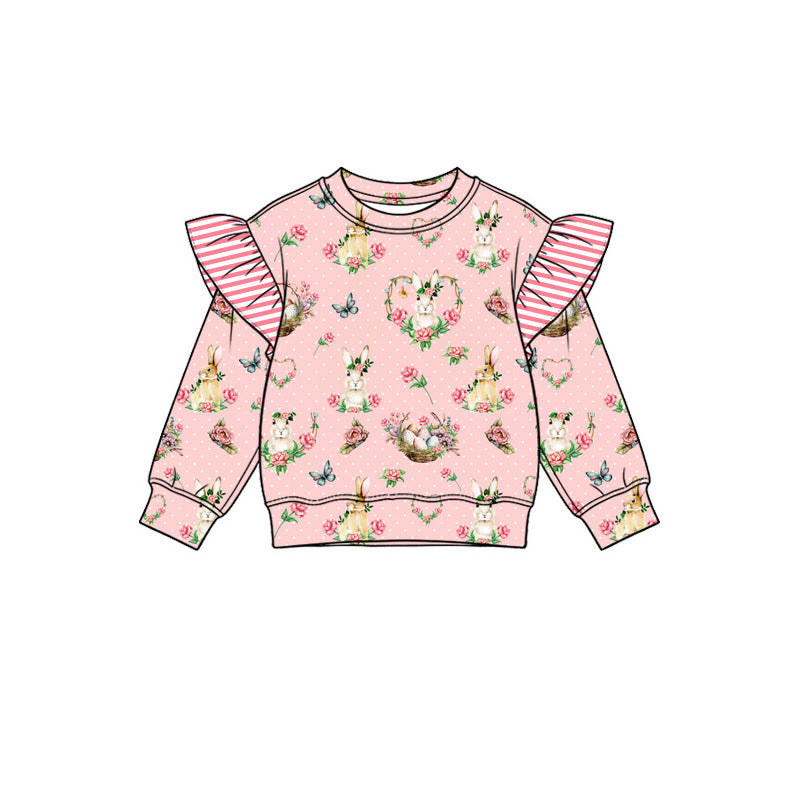 Preorder (moq 5) Baby Girl Clothes Easter Bunny Floral Butterfly Polka Dot Print Long Sleeve Ruffle Top