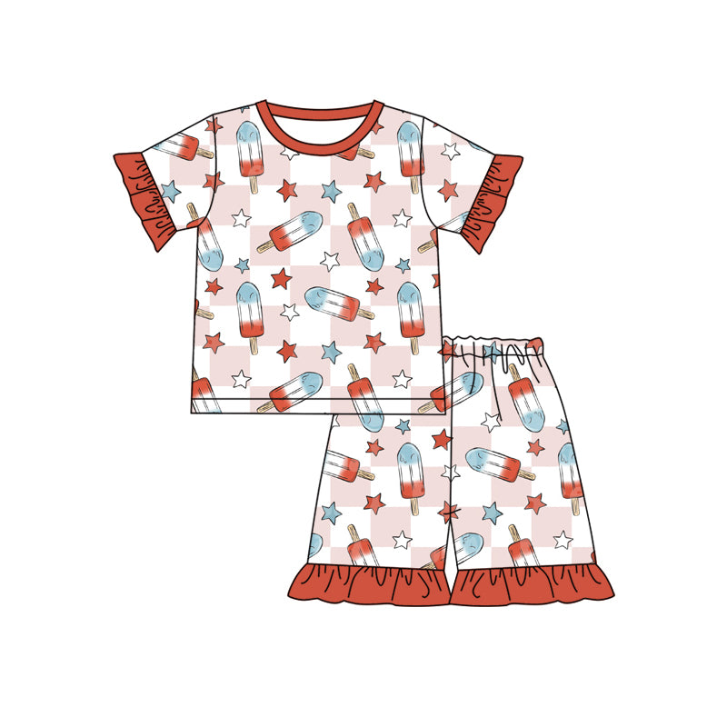 Preorder (moq 5)Baby Girls 4th Of July Popstick Summer Shirt Top Shorts Pajamas Clothes Sets