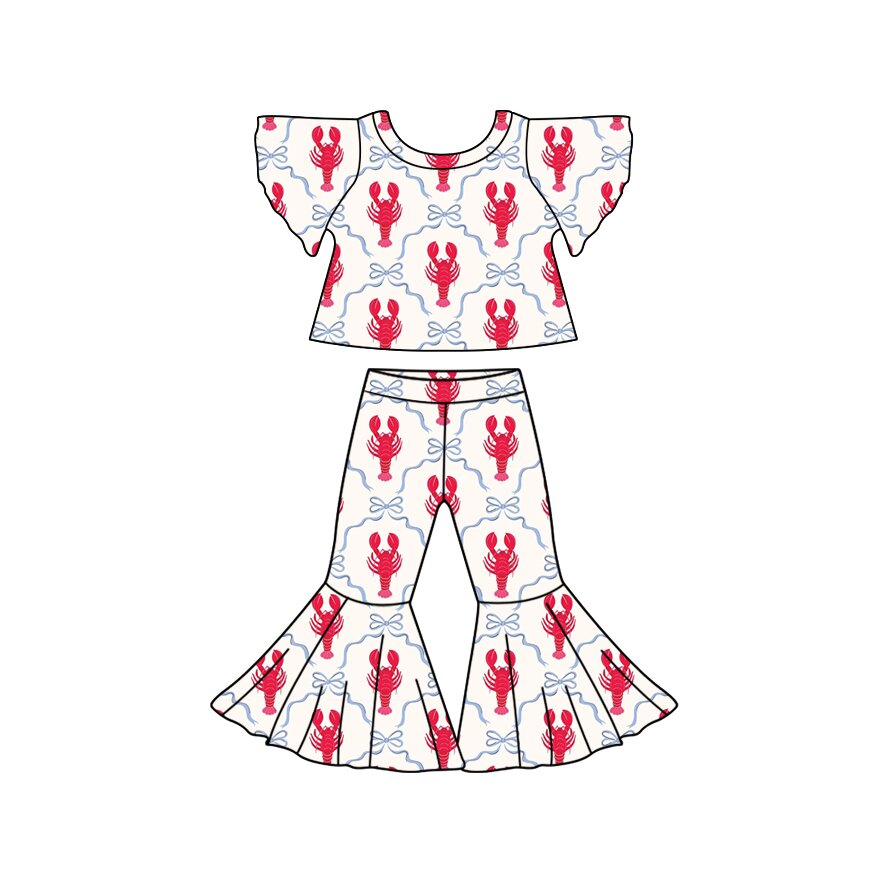 Preorder (moq 5)Baby Girls Bell Sleeve Bows Crayfishes Top Bell Bottom Pant Clothes Sets