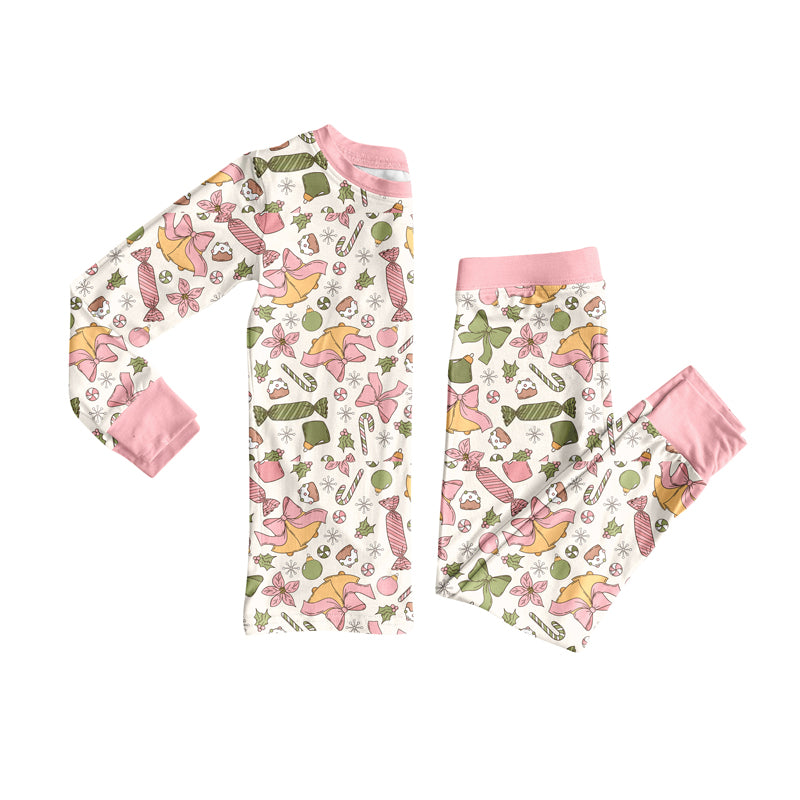 Preorder (moq 5)Baby Girls Long Sleeves Pink Bows Trees Plaid Top Pants Pajamas Set