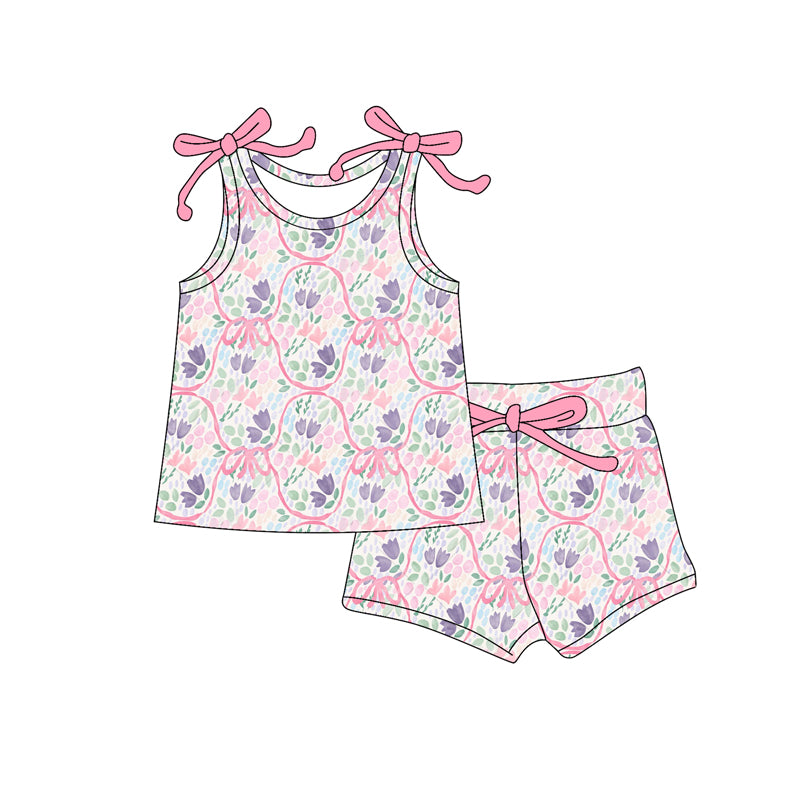 Preorder (moq 5)Baby Girls Bows Sleeveless Pink Lavender Floral Top Shorts With Belt Set