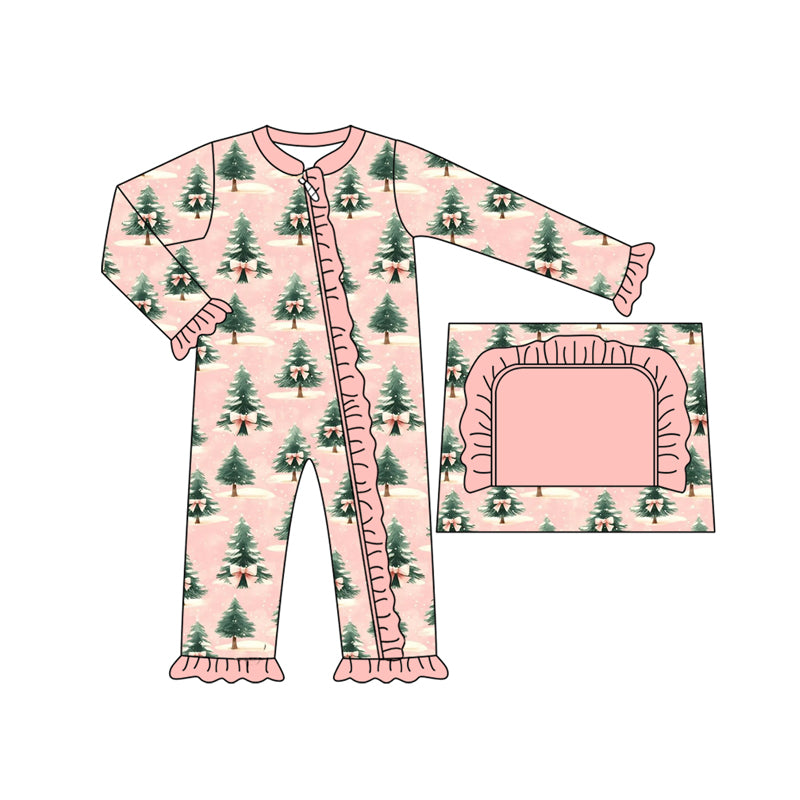 Preorder moq 5 Baby Infant Girls Long Sleeves Christmas Trees Plaid Ruffle Zipper Romper