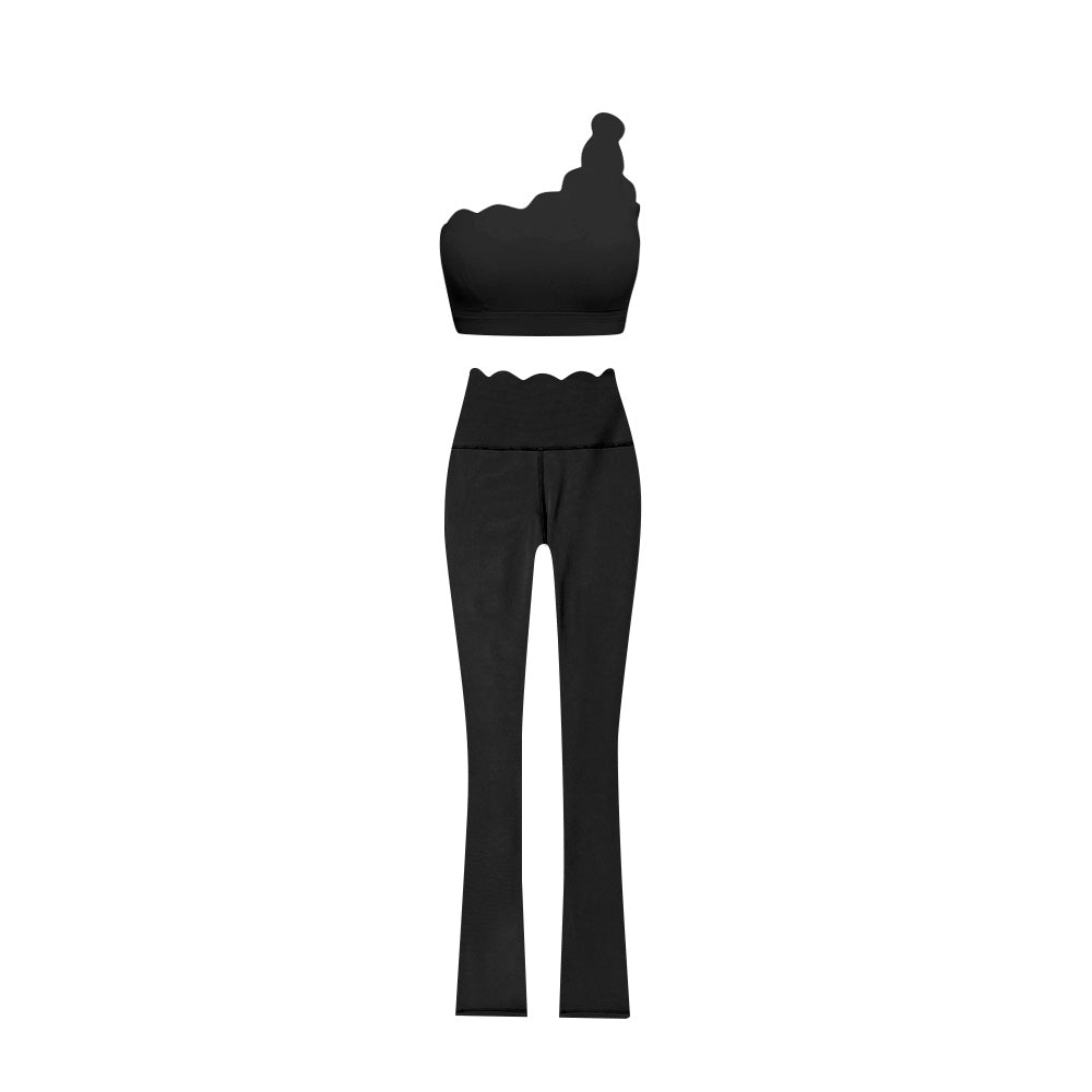 Preorder (moq 5)Baby Girls Black One Shoulder Scallop Top Bell Bottom Pants Yoga Sets