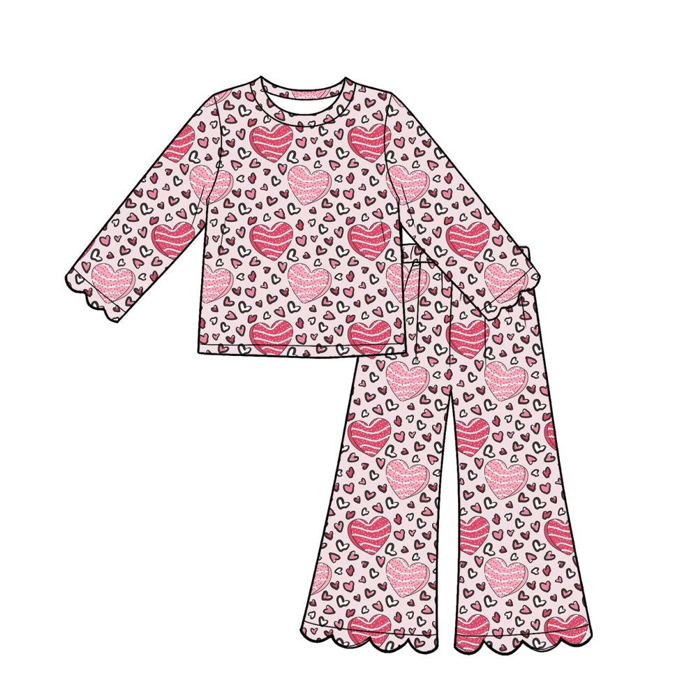 Preorder (moq 5) Baby Girl Clothes Valentine Leopard Heart Print Long‑Sleeve Top Scalloped Flare Pants Set