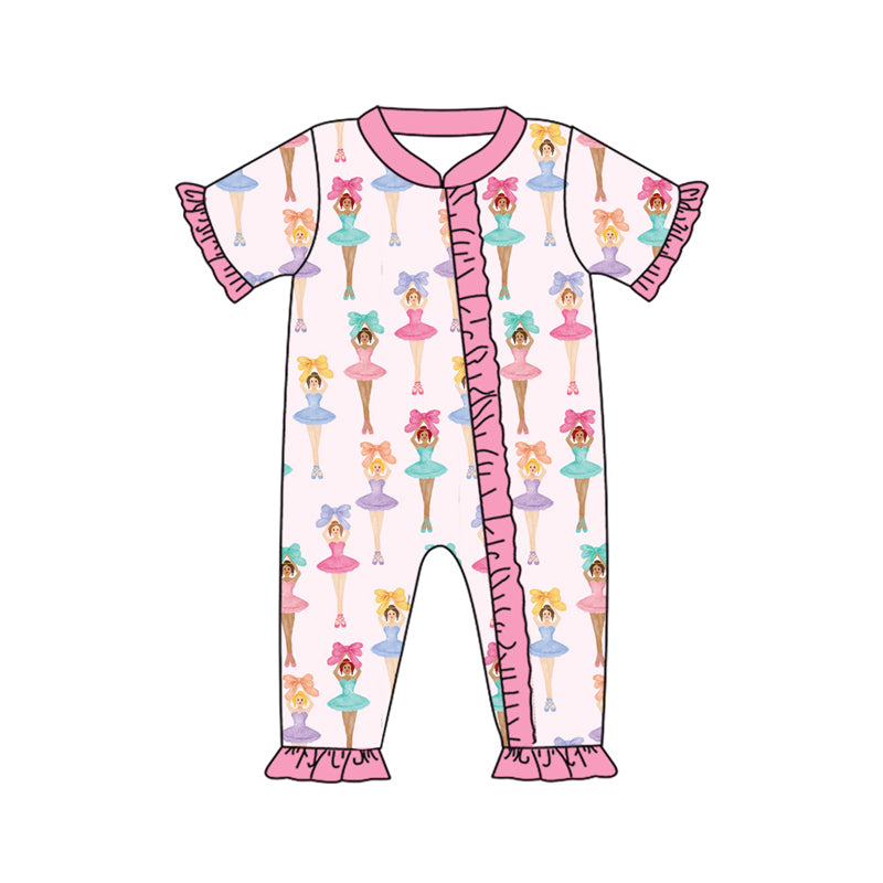 Preorder (moq 5)Baby Girls Short Ruffle Sleeves Bows Dancers Zipper Rompers