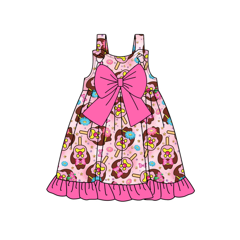 Preorder (moq 5)Baby Girls Popsicle Hot Pink Bow Knee Length Ruffle Dresses