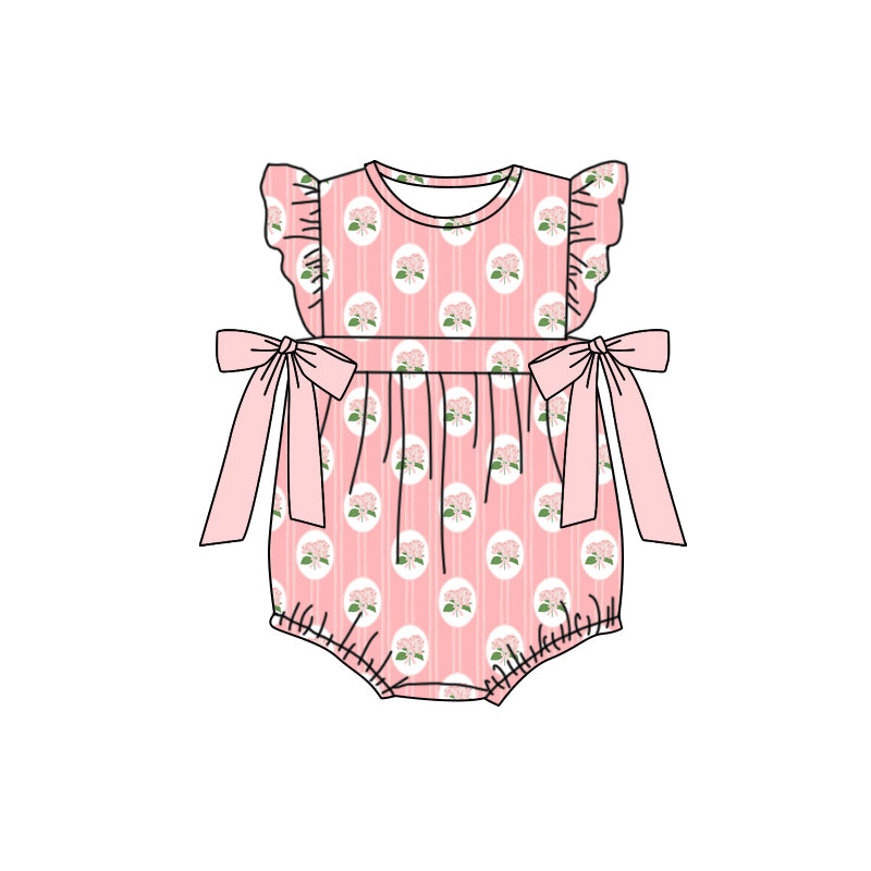 Preorder moq 5 Baby Girls Peach Flutter Sleeves Flowers Bows Ruffle Rompers