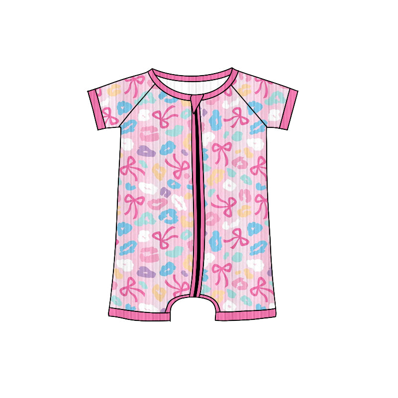 Preorder (moq 5)Baby Girls Short Sleeves Colorful Leopard Bows Ribbed Zipper Rompers