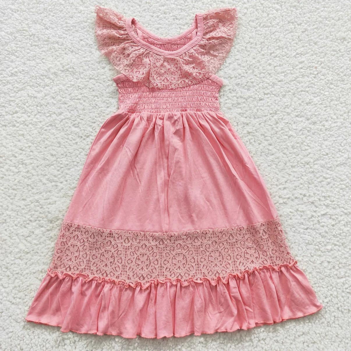 Preorder (moq 5)Baby Girls Peach Flutter Sleeves Lace Patchwork Knee Length Dress