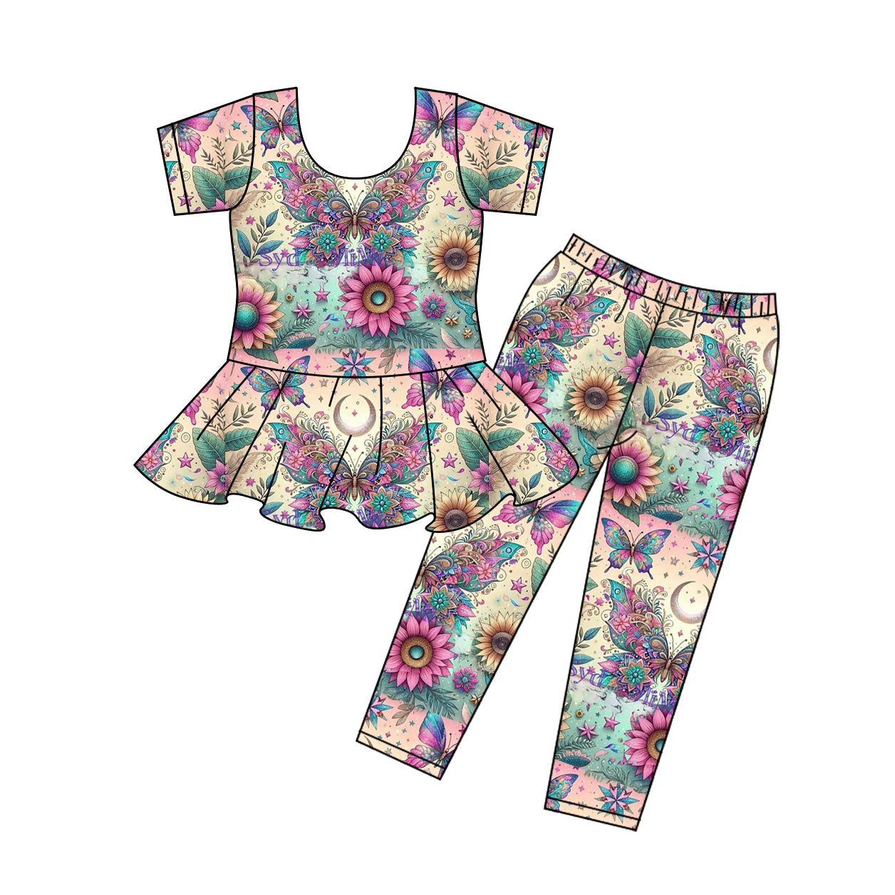 Preorder (moq 5)Baby Girls Flowers Butterfly Tunic Top Pant Clothes Sets